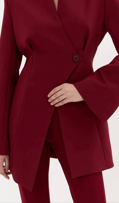 V Neck Long Sleeve Blazer In Claret