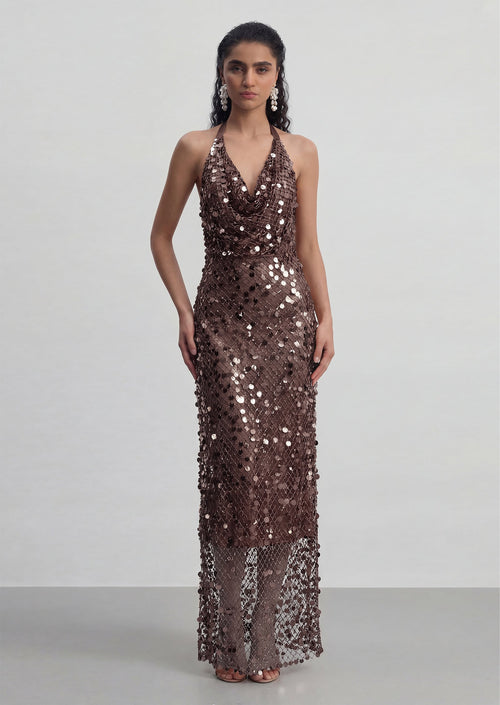 Halter Sequin Fishnet Maxi Dress In Reddish Brown