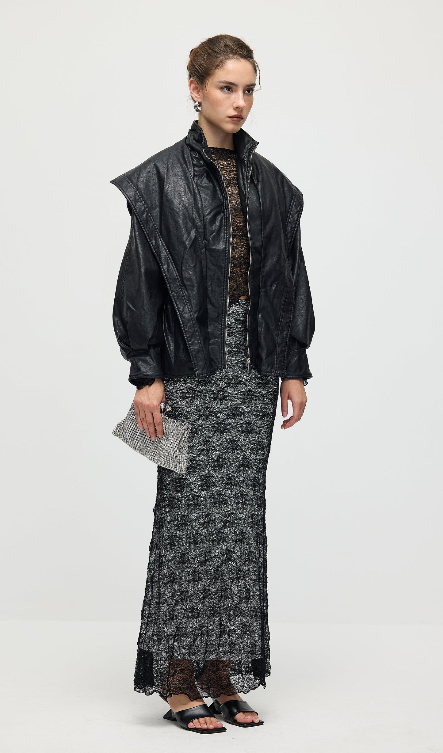 Waisted Lapel Leather Jacket In Black