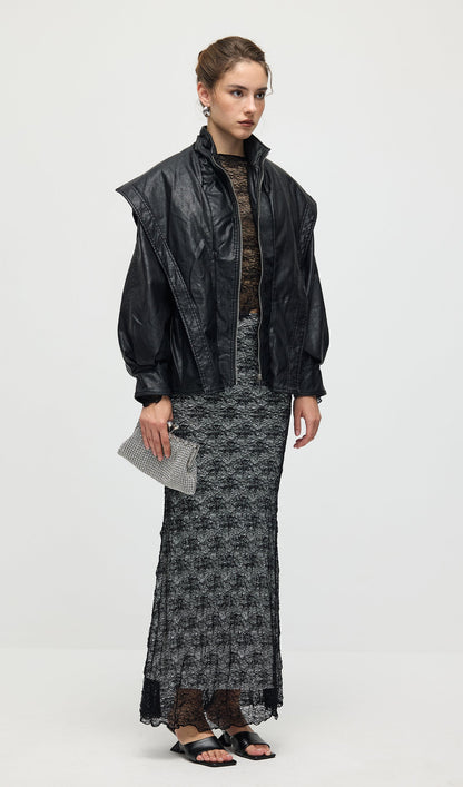 Waisted Lapel Leather Jacket In Black