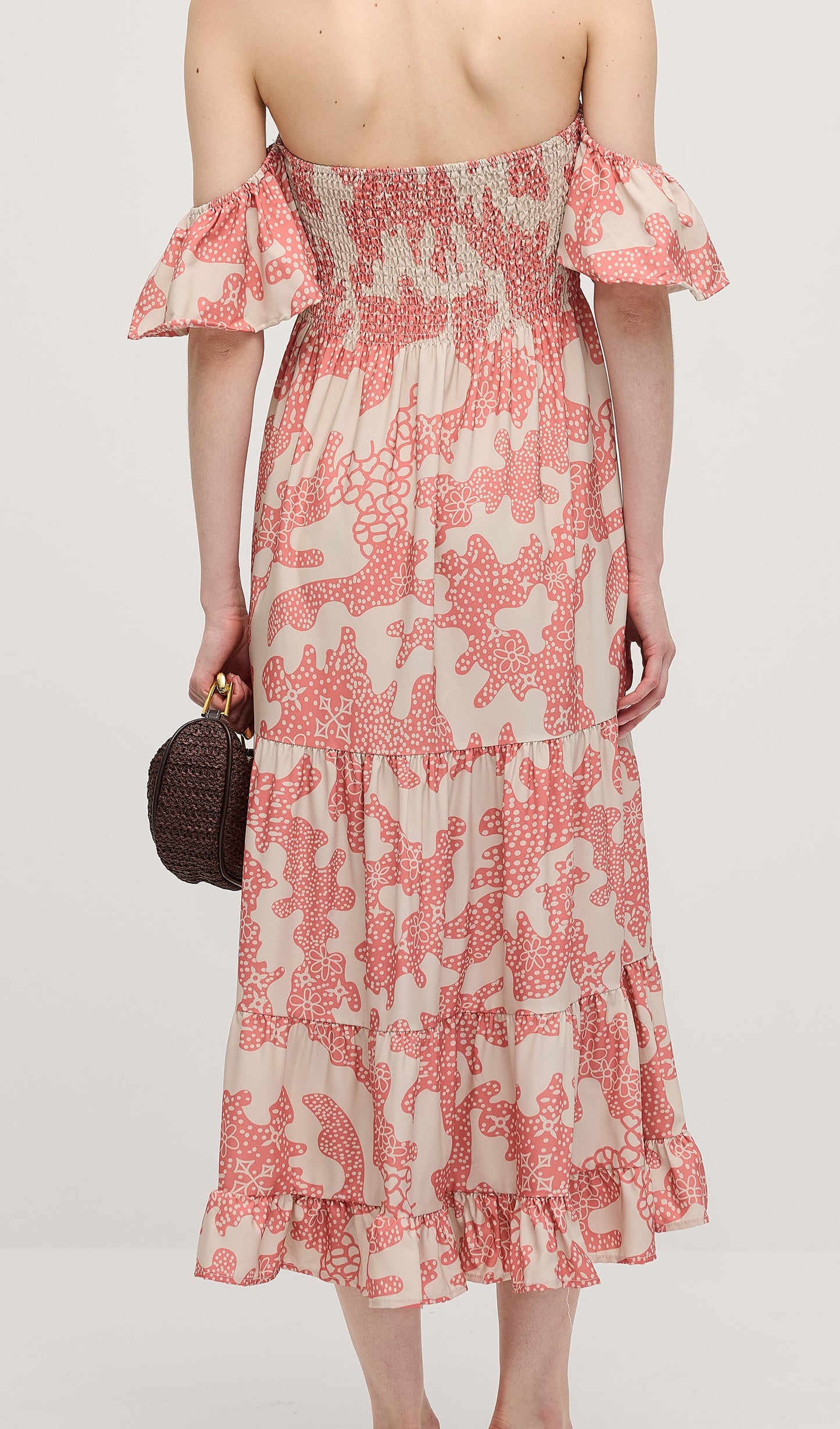 Off Shoulder Smocked Ruffle Printed Midi Dress