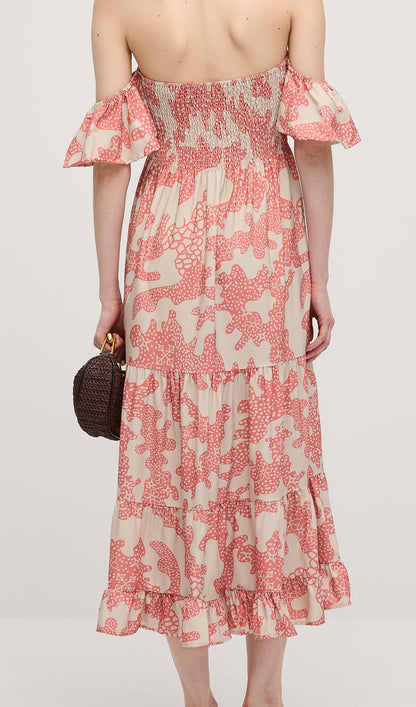 Off Shoulder Smocked Ruffle Printed Midi Dress