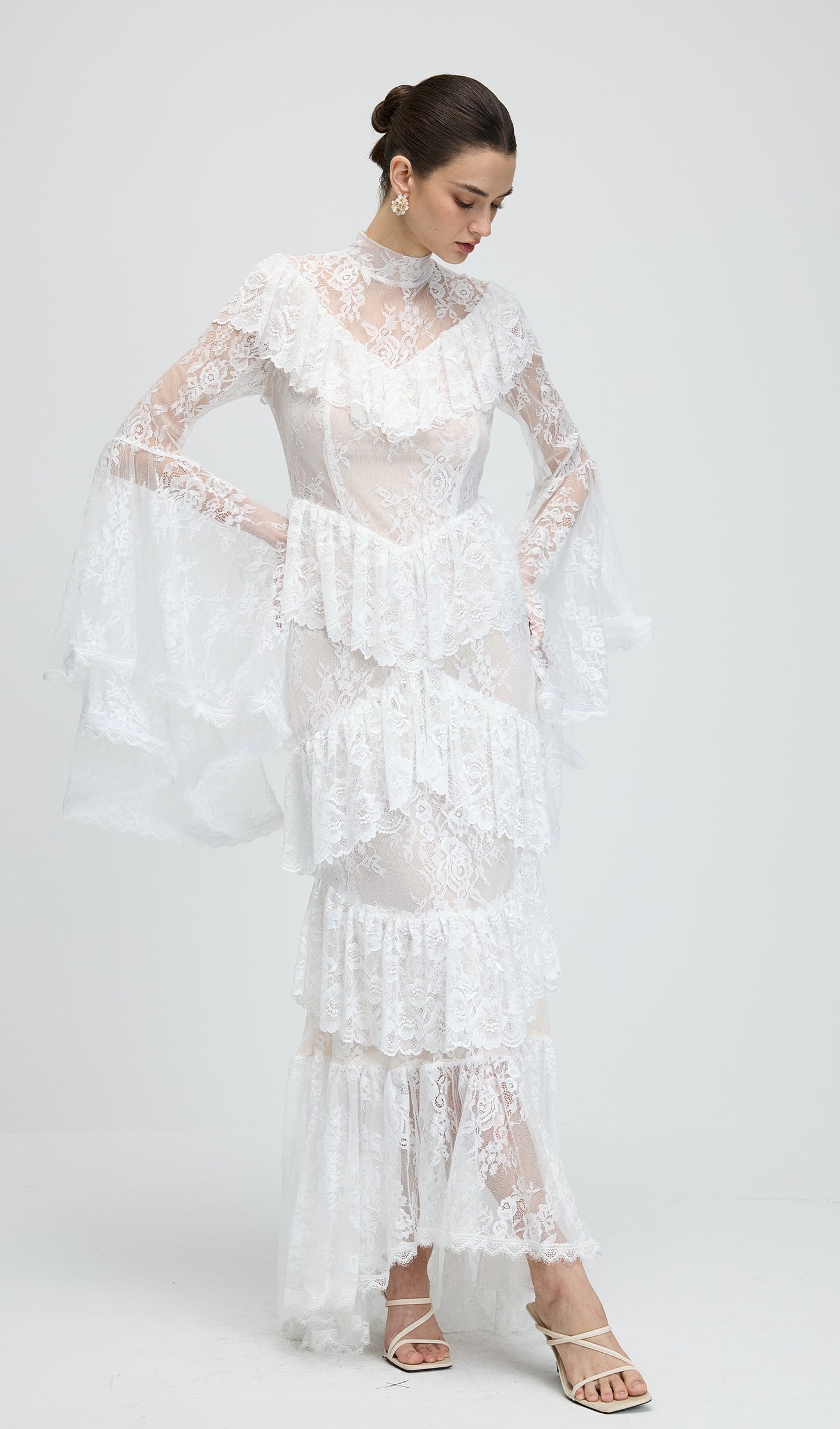 Floral Lace Ruffled Maxi Dress In White