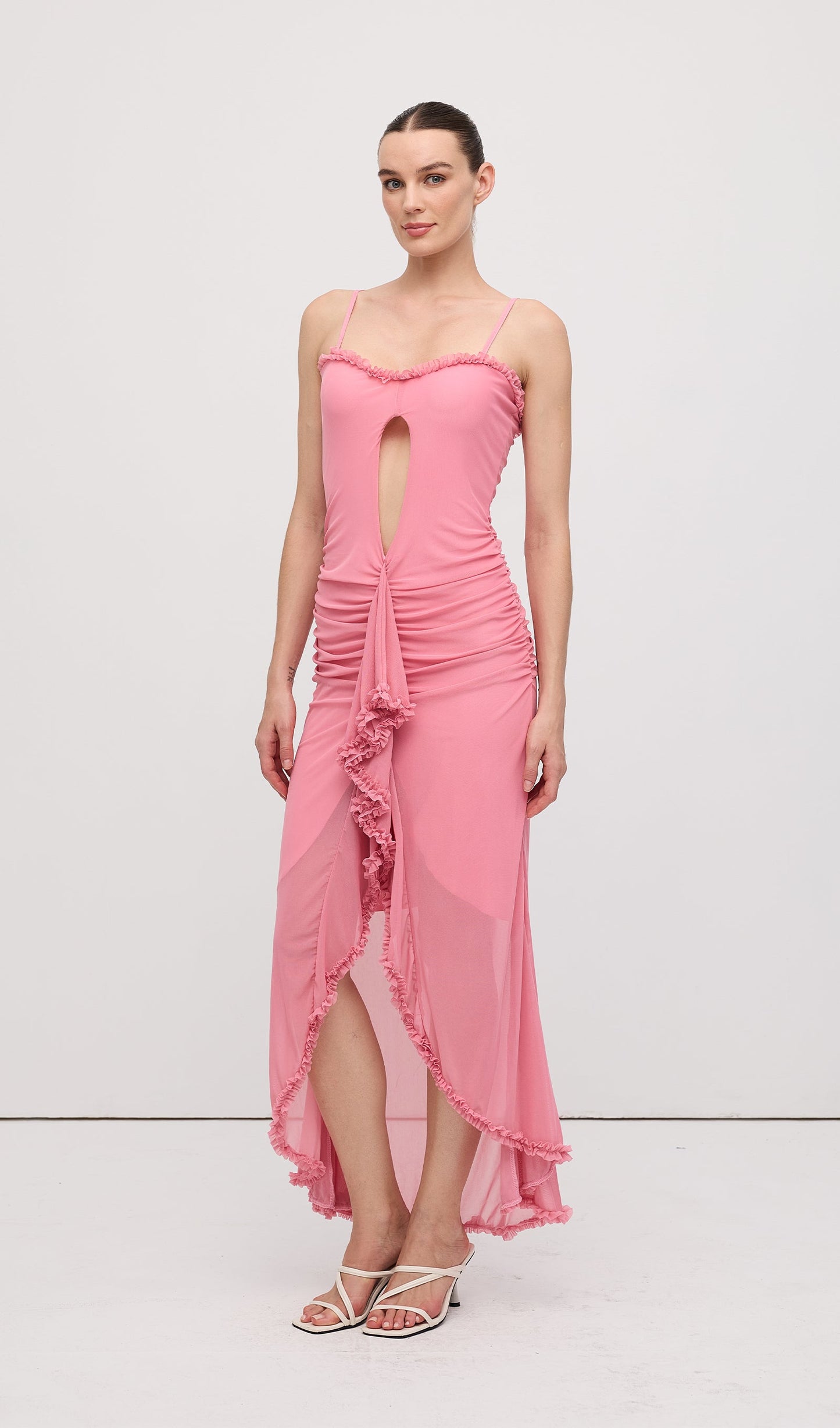 Ruffled Front Gown Maxi Dress Pink