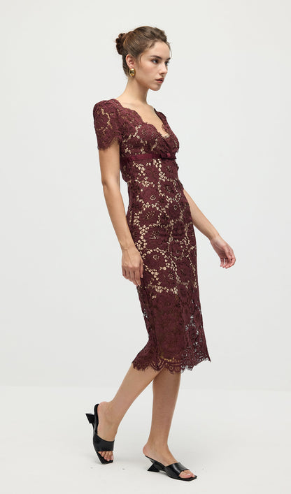 Burgundy Floral Lace Midi Dress