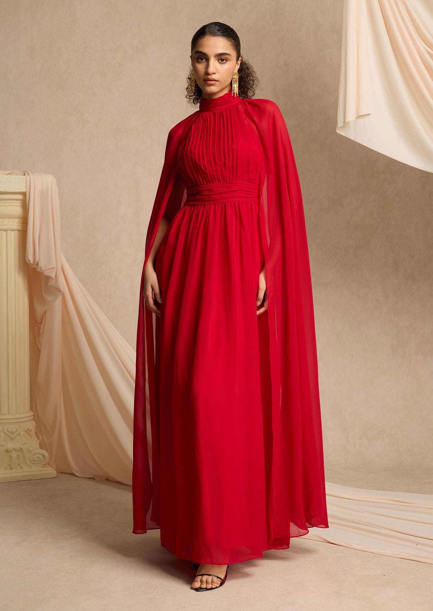 Layali Rose Cape Effect Gathered Chiffon Gown
