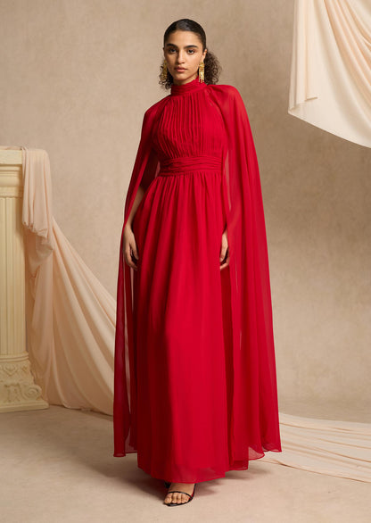 Layali Rose Cape Effect Gathered Chiffon Gown
