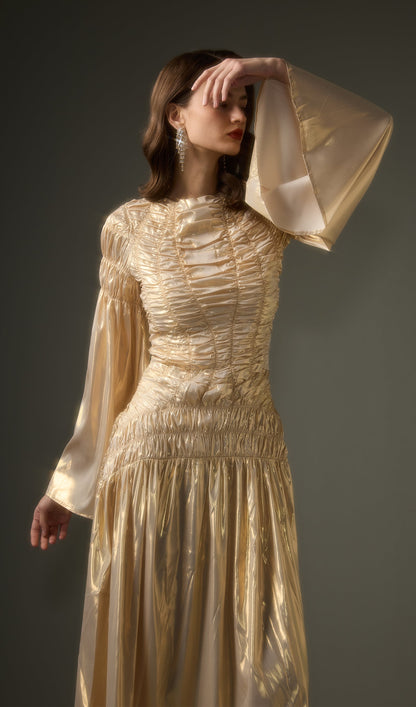 Solid Metallic Elasticated Gathers Maxi Dress