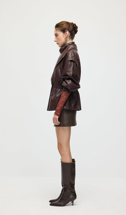 Waisted Lapel Leather Jacket In Brown