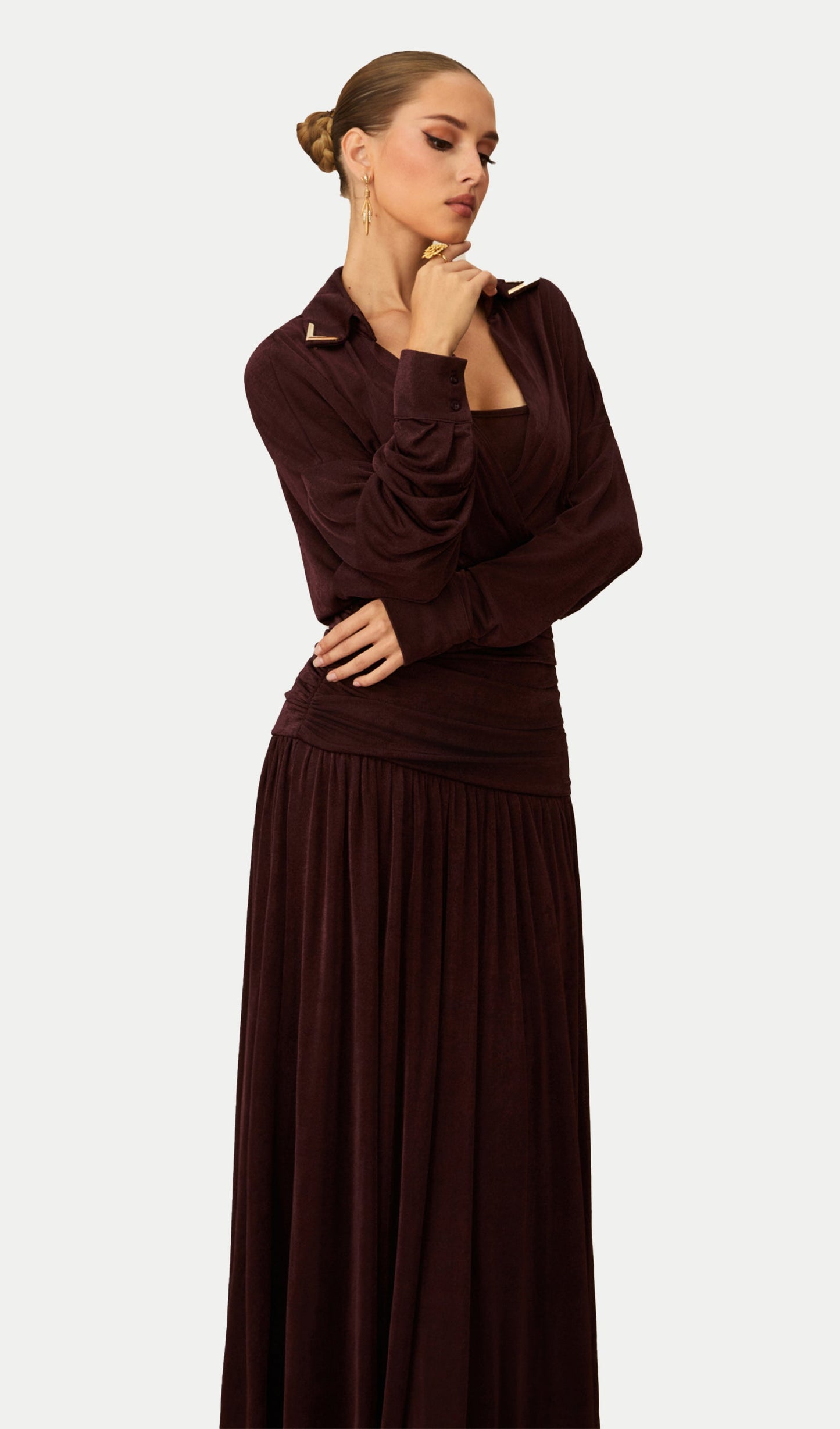 V Neck Ruched Waist Maxi Dress
