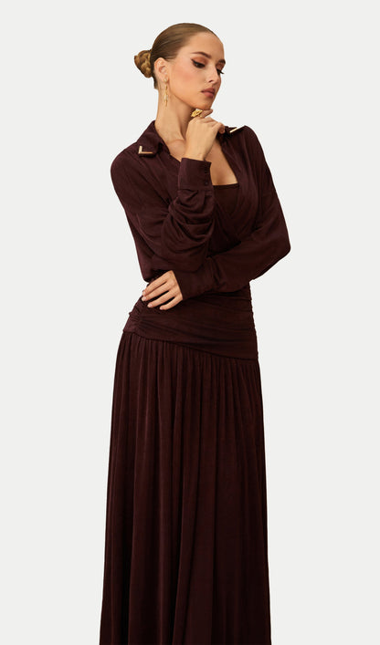 V Neck Ruched Waist Maxi Dress