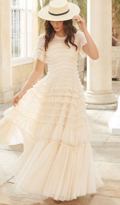 Valentine Ruffle Gown In Tulle Mesh
