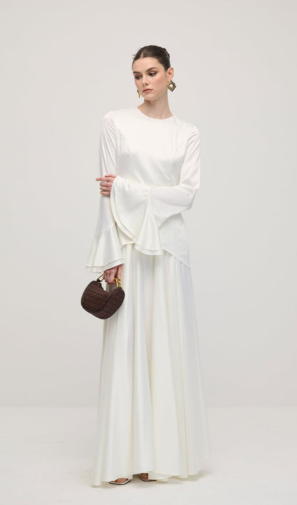 Asymmetrical Draped Bodice Ruffle Maxi Dress