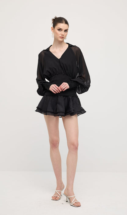 Solid Lantern Sleeve Mini Dress Black