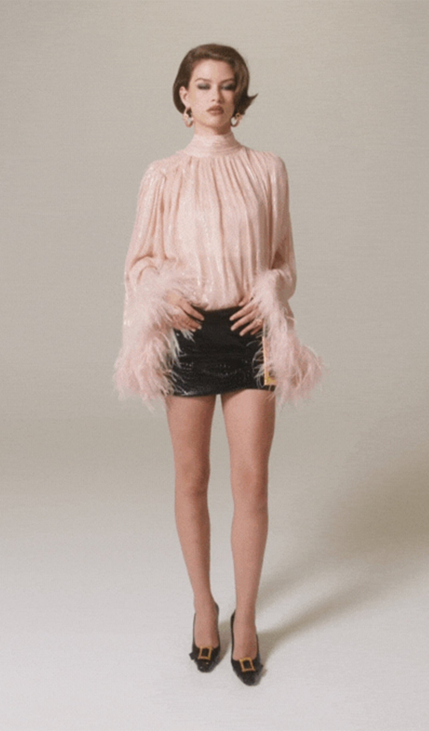 Feather Top & Leather Mini Skirt In Pink