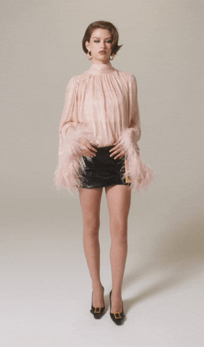 Feather Top & Leather Mini Skirt In Pink