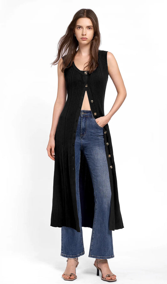 Metallic Button Knit Midi Dress Black