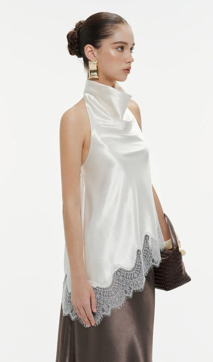 Silk Draped Halter Top In White