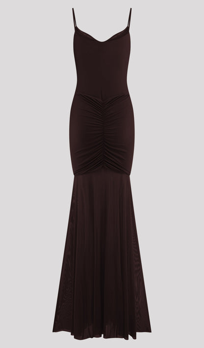 Slinky And Mesh Maxi Dress In Chocolate