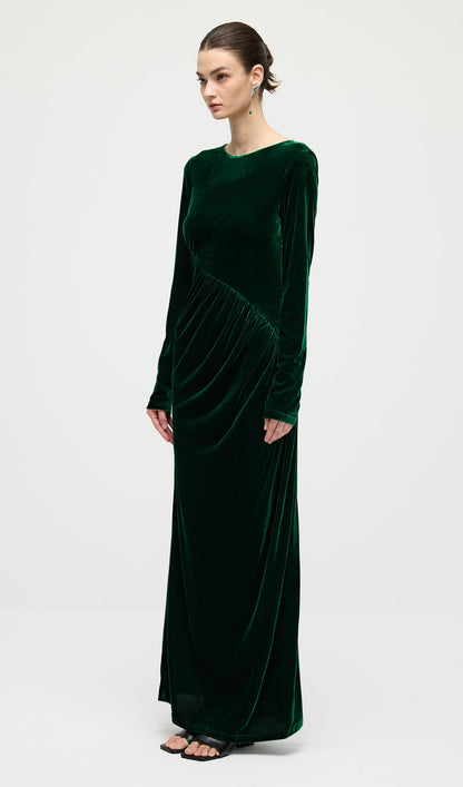Long Sleeved Gathers  Maxi Dress In Dark Green
