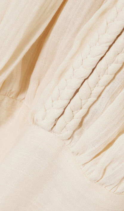Braided Gathered Cotton Mini Dress In Beige
