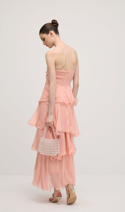 Strapless Layered Midi Dress In Pink