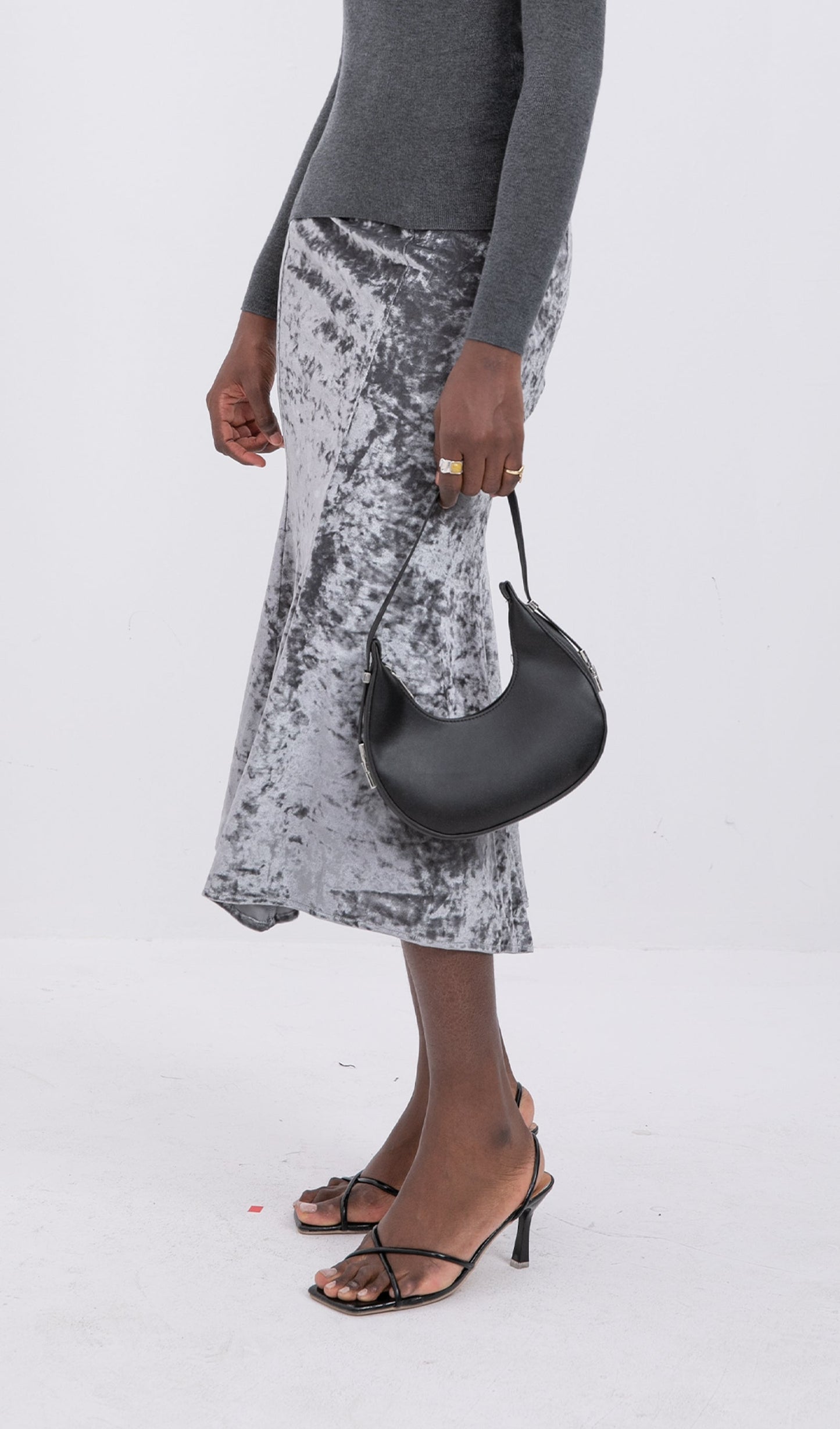 Trendy High Waist Velvet Midi Skirt-Silver