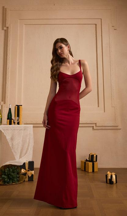 Sheer Knit Curve Maxi Dress In Red