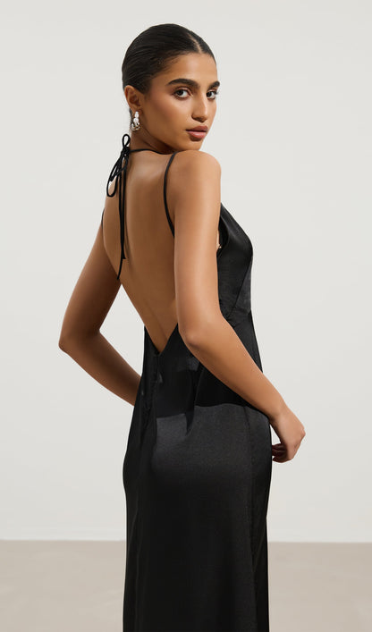 Lace-Trimmed Backless Halter Maxi Dress