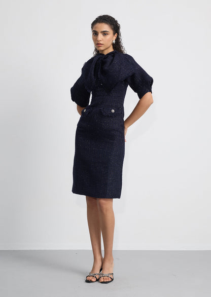 Bow Neck Puff Sleeve Tweed Mini Dress