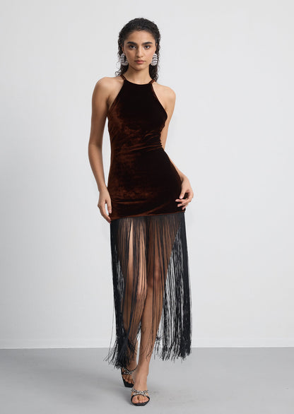Velvet Fringed Midi Dress