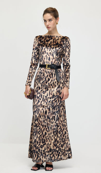Leopard Printed Velvet Maxi Dress