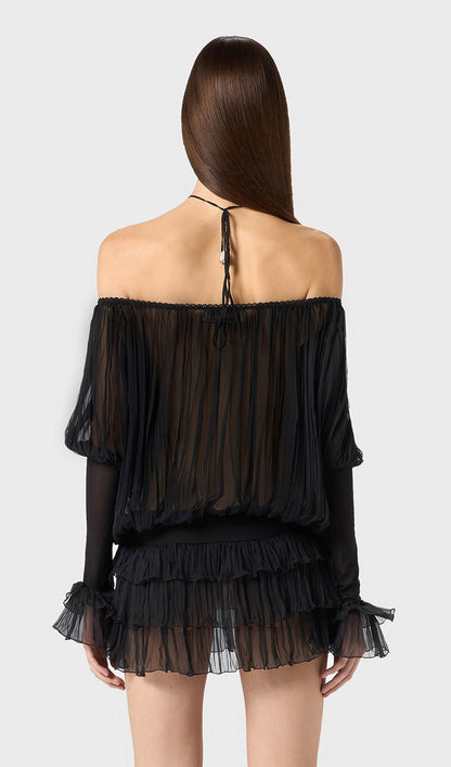 Long Sleeve Pleated Dress In Black