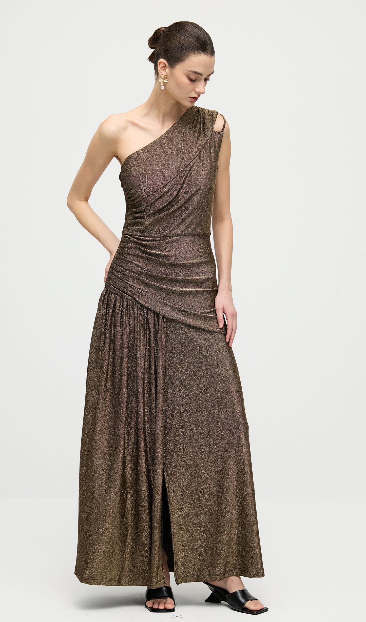 One Shoulder Glitter Split Maxi Dress