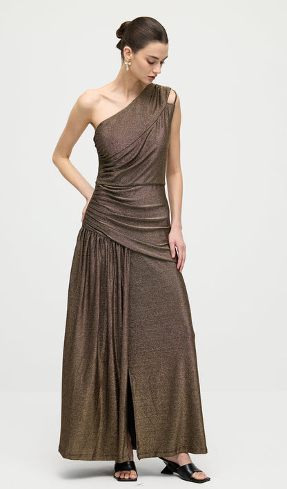 One Shoulder Glitter Split Maxi Dress
