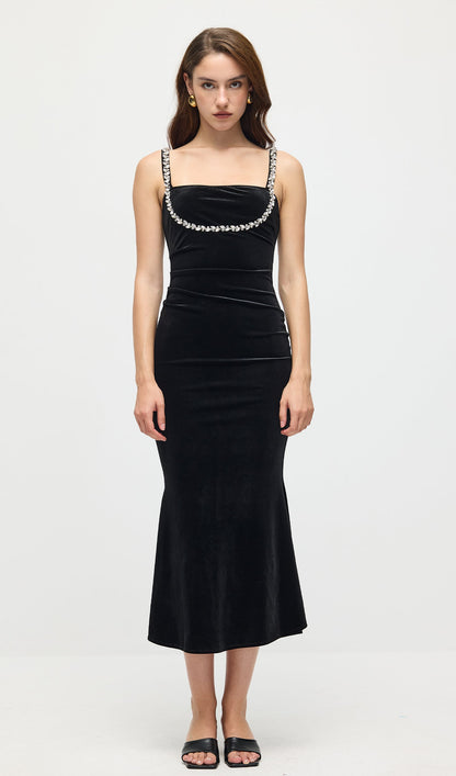 Embellished Sleeveless Velvet Midi Dress In Black