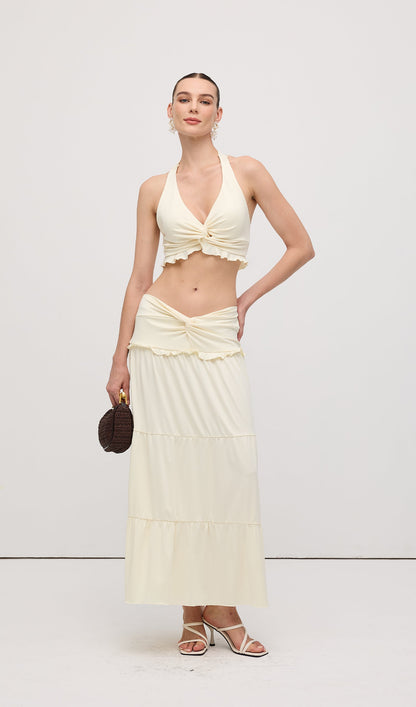 Halter Top & Twist Ruffled Maxi Skirt Sets White