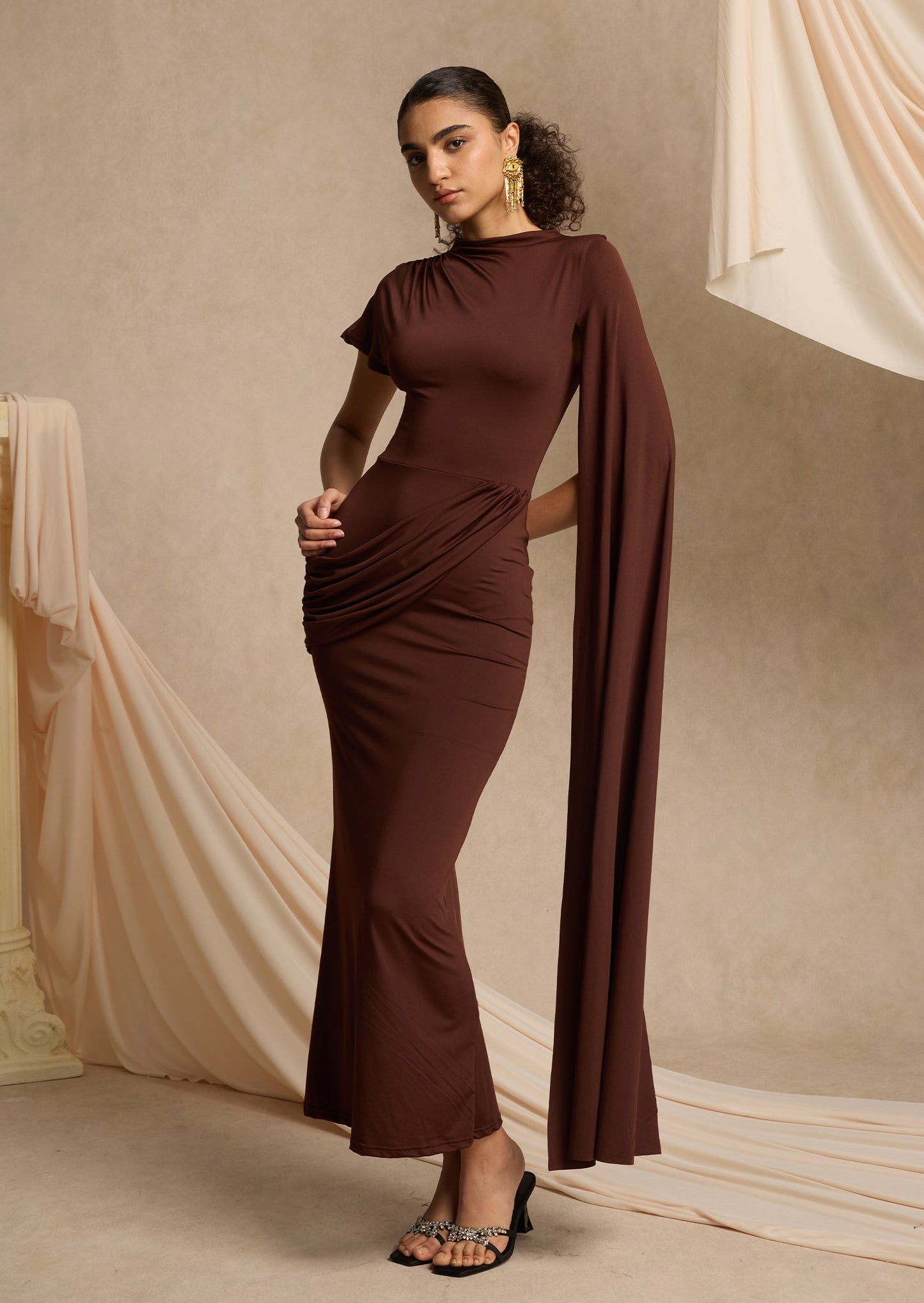 High-Neck Maxi With Long Cape Sleeve