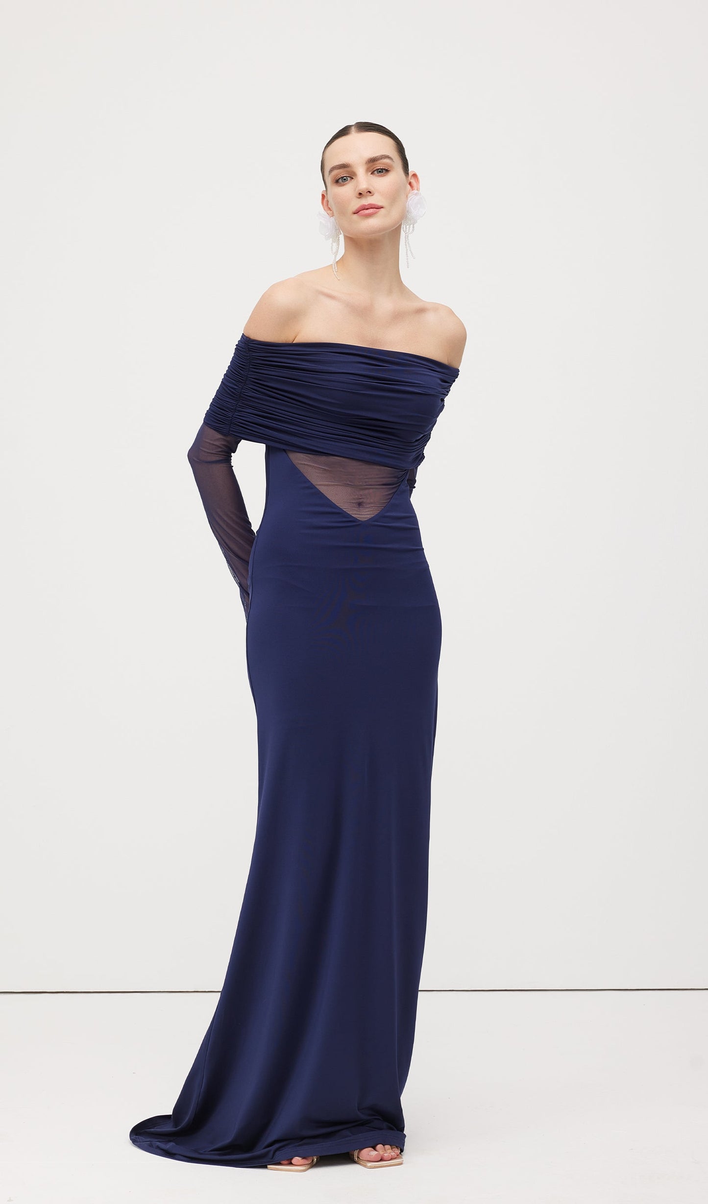 One Shoulder Slinky Ruched Maxi Dress-Blue
