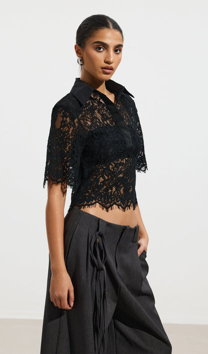 Short Sleeved Lace Sheer Top