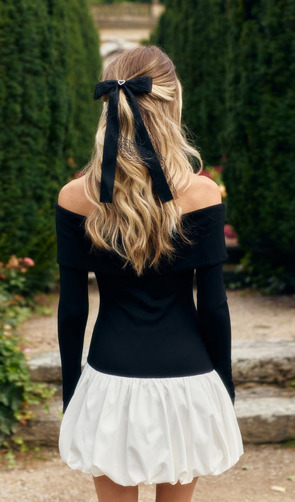 Open Shoulders Balloon Mini Dress-White