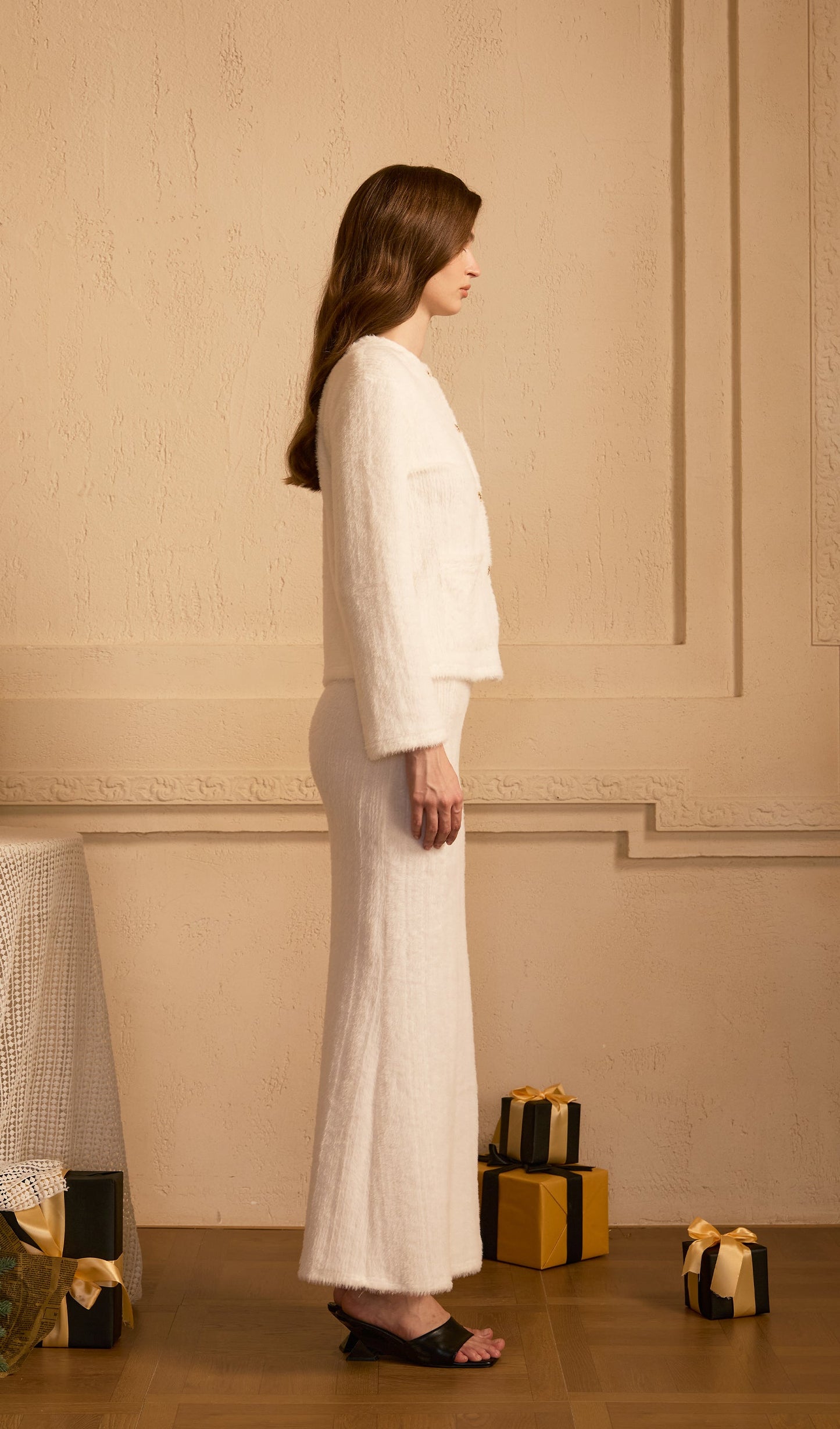 Fluffy Knitted Cardigan & Maxi Skirt Set White