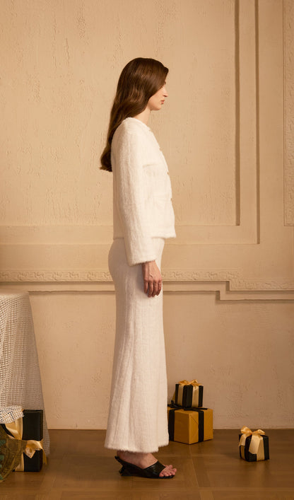 Fluffy Knitted Cardigan & Maxi Skirt Set White