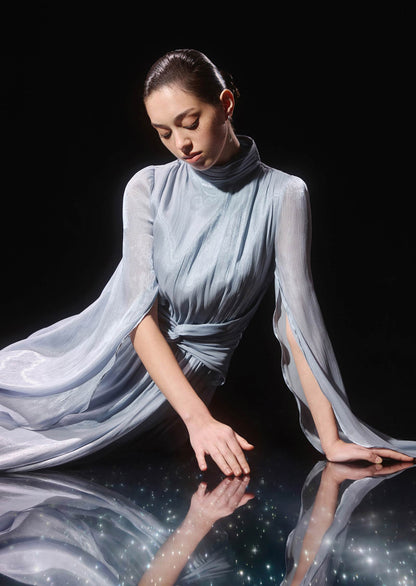 Metallic Fabric Maxi Dress With Light Sleeves