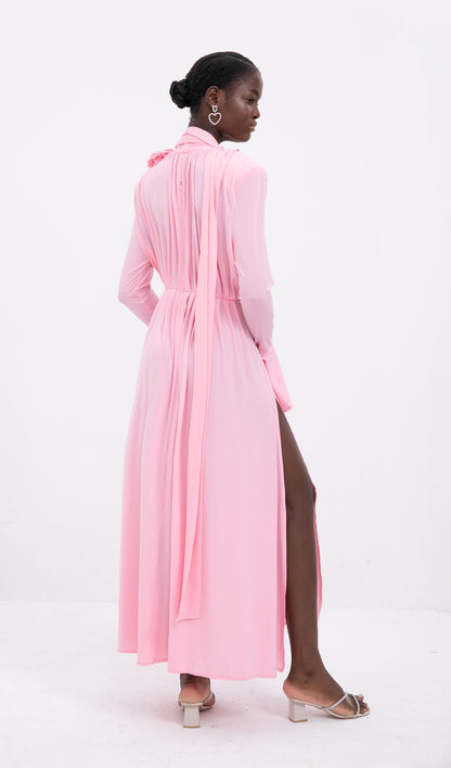 Trendy V-Neck Pleated Slit Maxi Dress-Pink