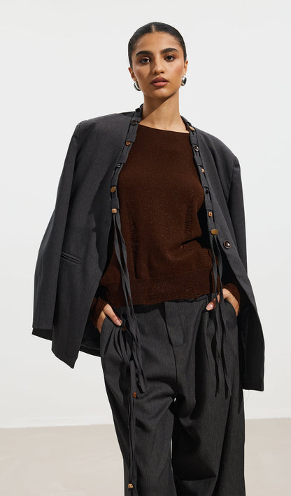 Wooden Button Top & Belted Suit Pants Set