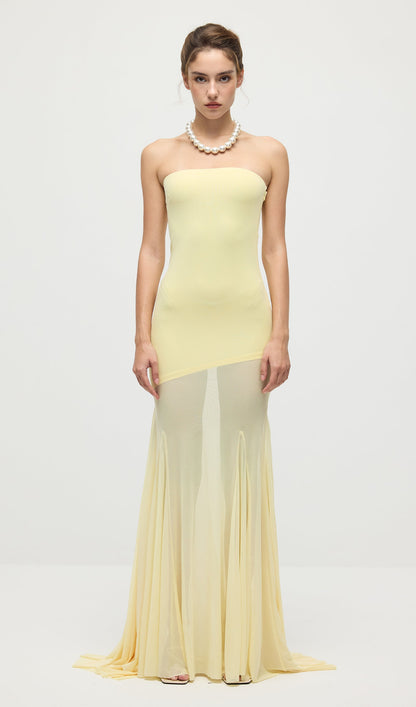 Off Shoulder Jersey With Mesh Maxi Dress In Yellow