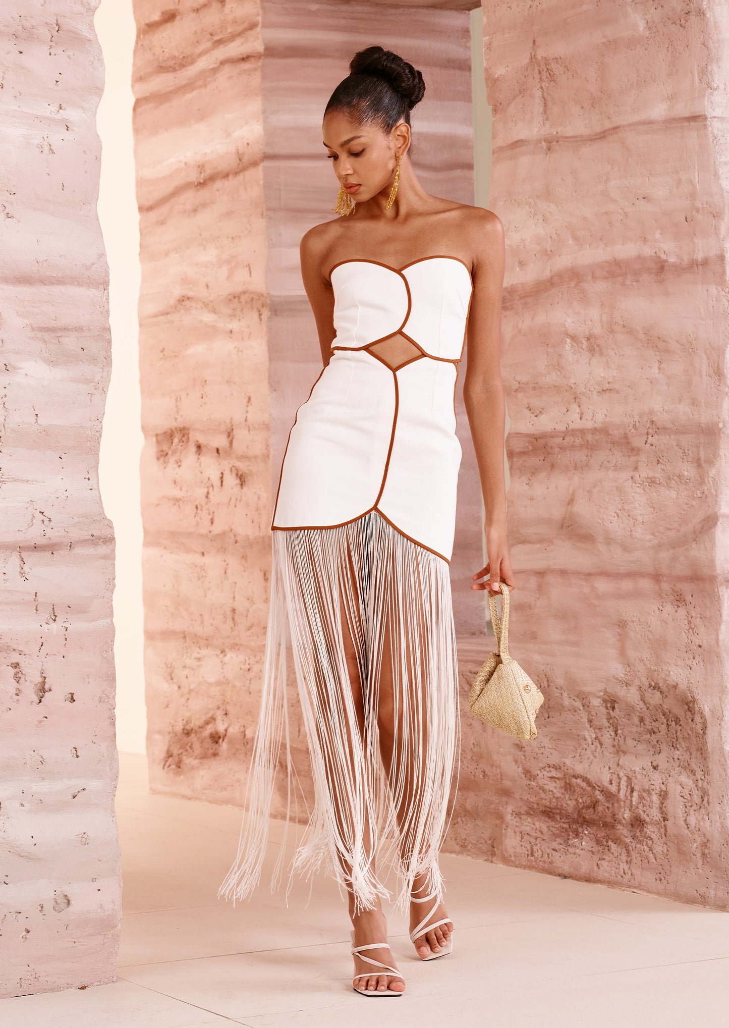Linen Off Shoulder Hollow Out Tassel Maxi Dress