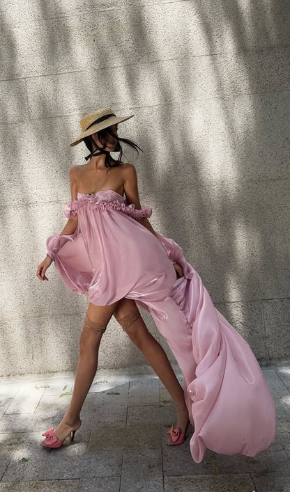Glossy Bubble Hem Dress In Pink