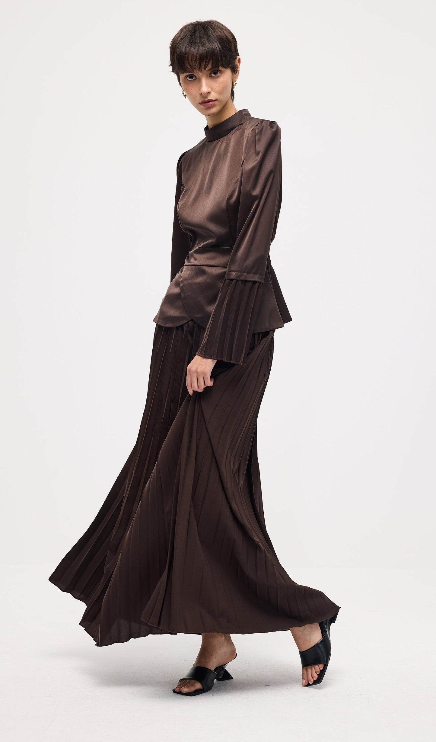 Solid Pleated Peplum Two Piece Set Maxi Skirt